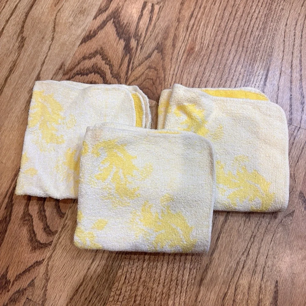 Vintage Yellow Damask Washcloths Set of 3 Cotton Floral Scroll Bathroom Linens